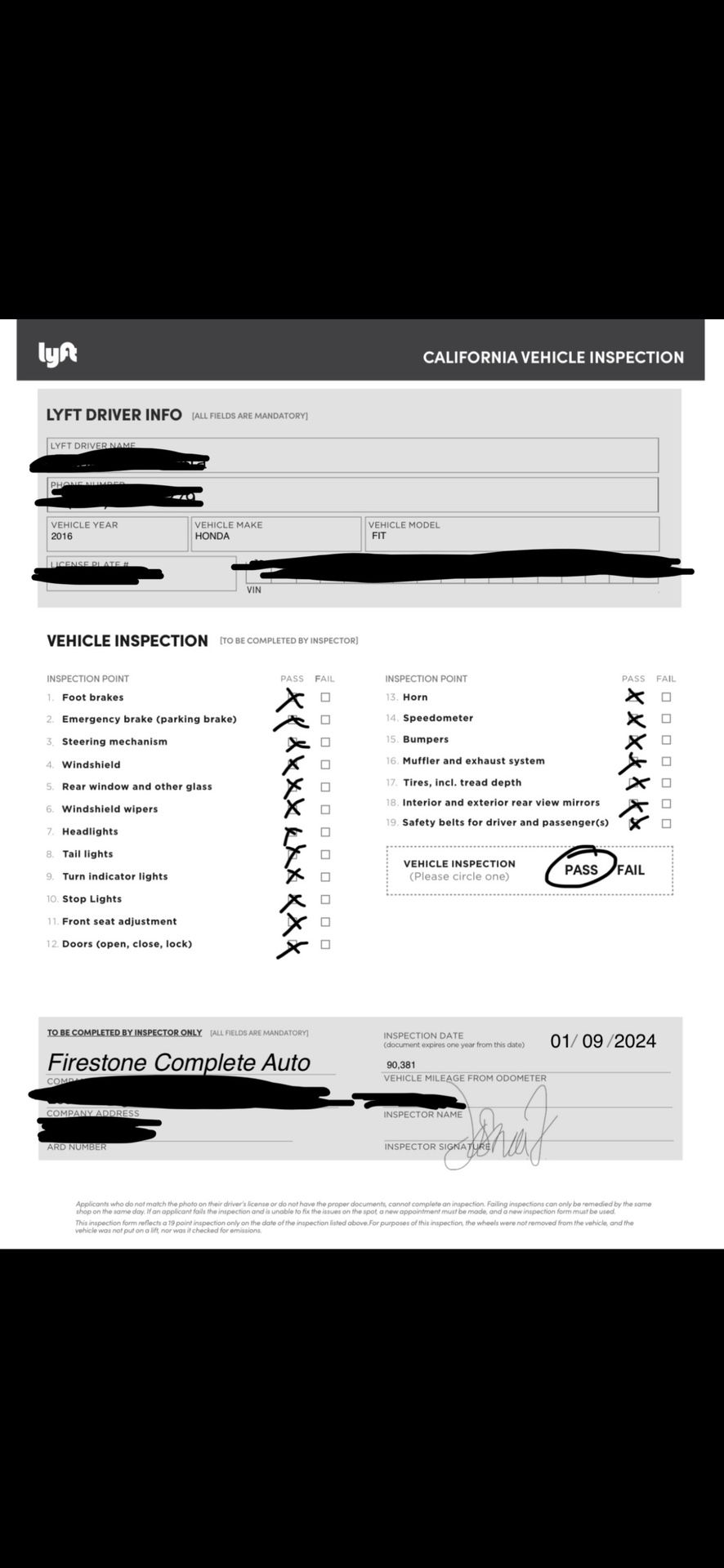 Uber / Lyft Inspection Pass