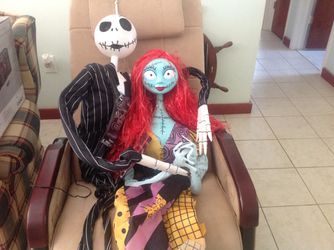 Nightmare Before Christmas Large Jack & Sally Hanging Decor With Lights & Sound 6 Ft & 5Ft Tall Brand New
