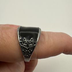 Men’s New Silver-Tone Carved Black Inlay Ring Size 11.5