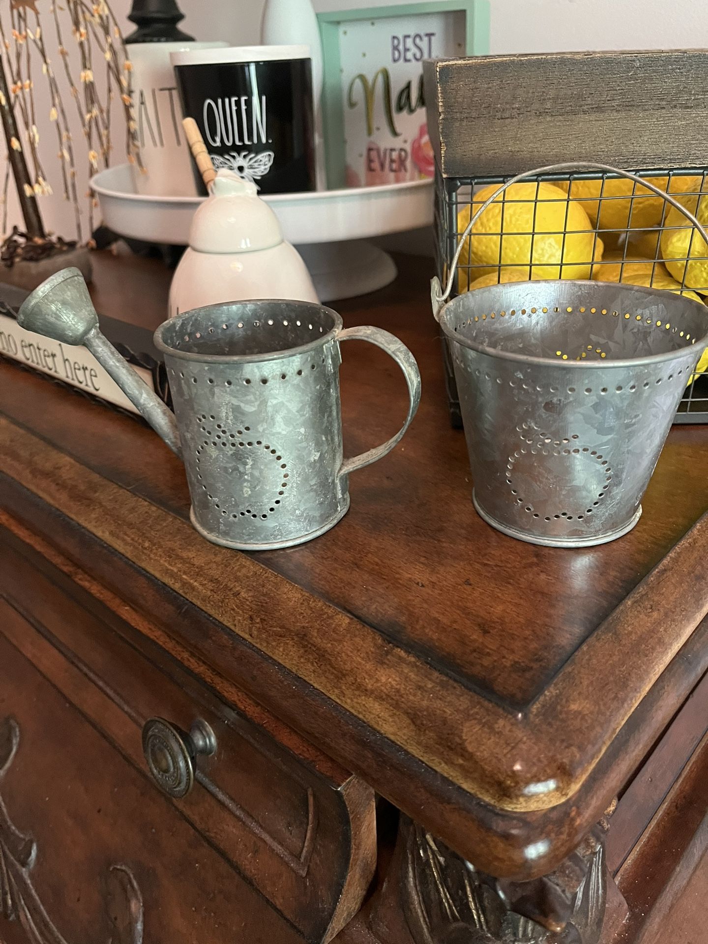 2 Small Punched Primitive Tin Candle Holders