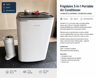 Frigidaire portable air conditioner with heat and dehumidifying functions. Rated 14,000 BTU ASHRAE / 10,000 BTU DOE