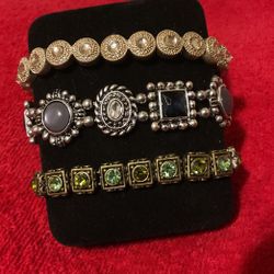 3 Stretch Band Bracelets..2 Goldtone 1 SilverTone…All With Rhinestones ( New)