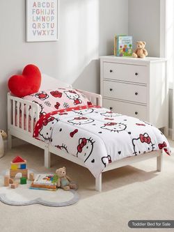 Solid White Wooden Toddler Bed Frame with Safety Guardrails