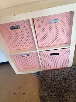 White Cube Shelf with Pink Storage Bins