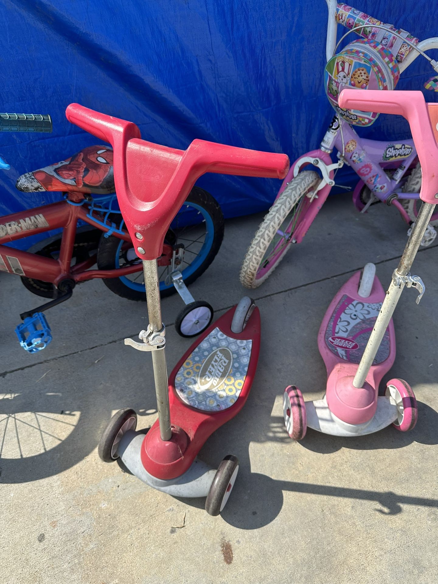 Lot Of 4 16” Spiderman Bike 16”Shopkins Bike (Training Wheels That Lift) 2 Radio Flyer Scooters