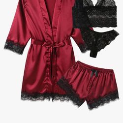 Women's Satin Pajama Set 4pcs Floral Lace Trim Cami Lingerie Sleepwear with Robe

