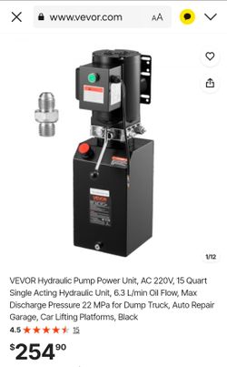 VEVOR Hydraulic Pump Power Unit, AC 220V, 15 Quart Single Acting Hydraulic Unit, 6.3 L/min Oil Flow, Max Discharge Pressure 22 MPa for Dump Truck, Aut