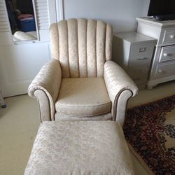 Antique Beige Recliner Chair and Ottoman