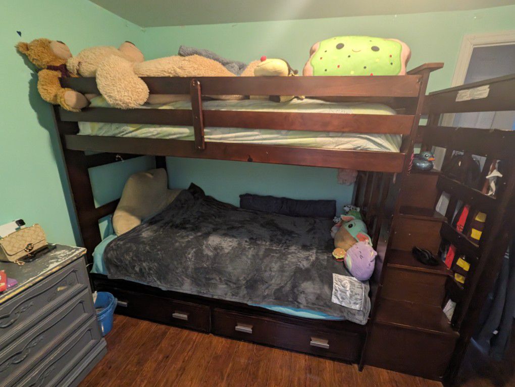 Wood Bunk Bed with Trundle, Stairs and Additional Storage.