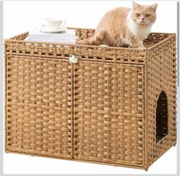 Extra-large hidden rattan cat litter box enclosure Spacious double-door PE rattan bathroom bench/side table design; fits a covered litter tray