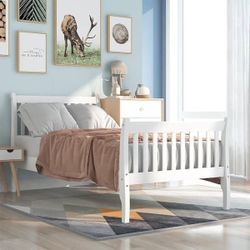 NEW White Twin Wood Platform Bed Frame/Mattress Foundation/Headboard/Wood Slat Support/No Box Spring