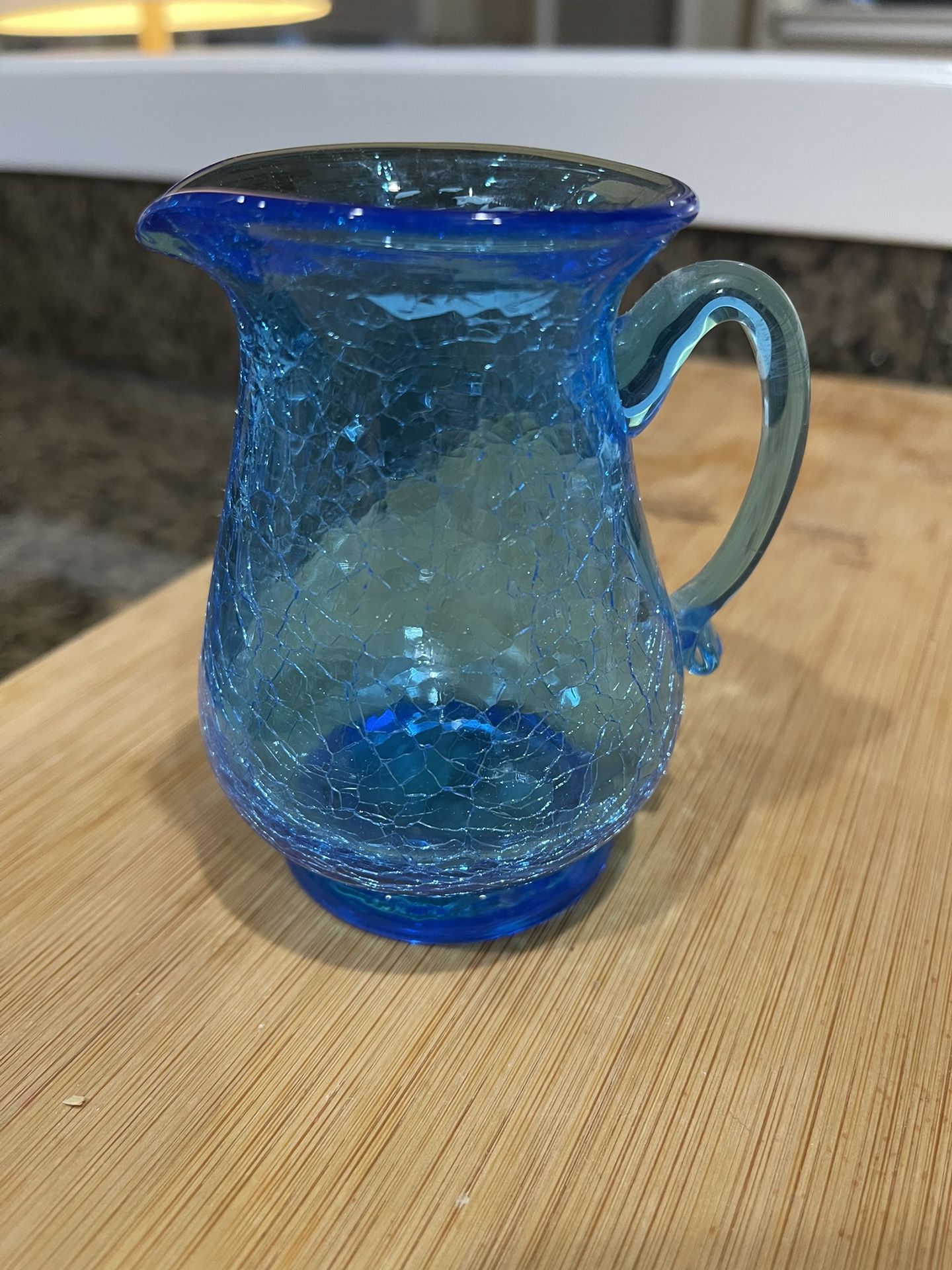 Small MCM Blue Vintage Crackle Hand-Blown Glass Pitcher Or Creamer