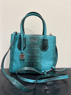 Michael Kors Teal Blue Snake Skin Leather Med Mercer Crossbody Purse Tote