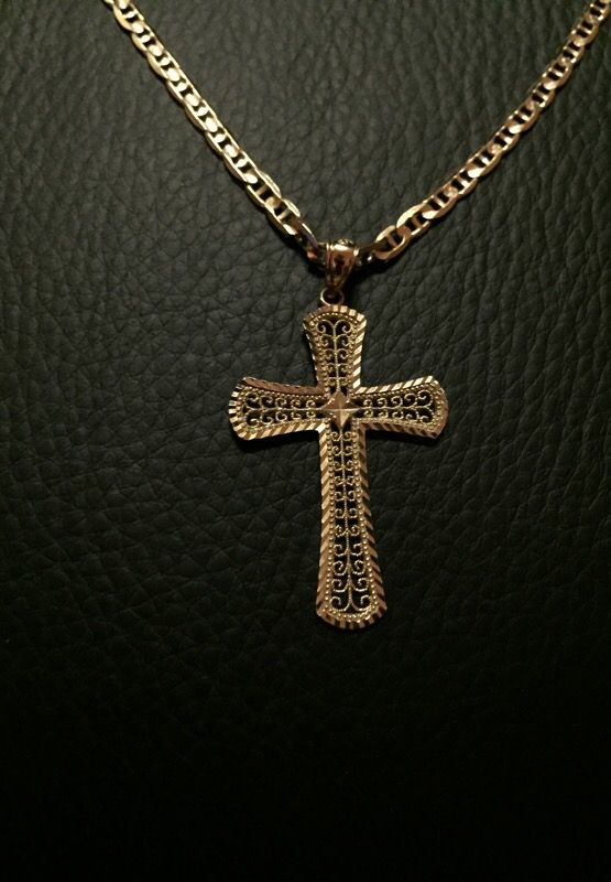 14K Italian Gold Cross Pendant and Chain with warranty