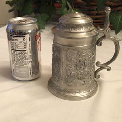 Vintage Pewter SKS design Lidded Beer Stein 6.5" tall  95% ZINN detailed scenes