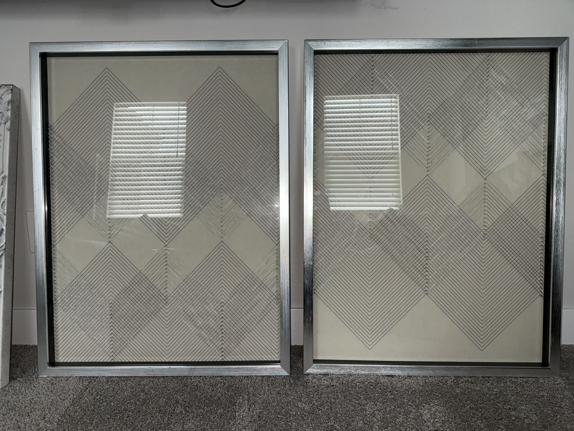 Set of 2 Modern Geometric Wall Art – Silver Framed