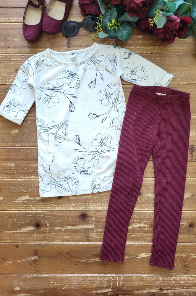 4T-5T 2-PIECE OUTFIT WHITE THREE-QUARTER SLEEVE LONG FLORAL TUNIC W/MAROON RIBBED LEGGING 