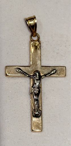14K Yellow Gold Two-Tone Jesus Christ Crucifix Cross Pendant 1.5” 1.22 grams