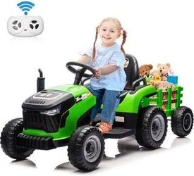 24 v kids Green ride on tractor with attached wagon 