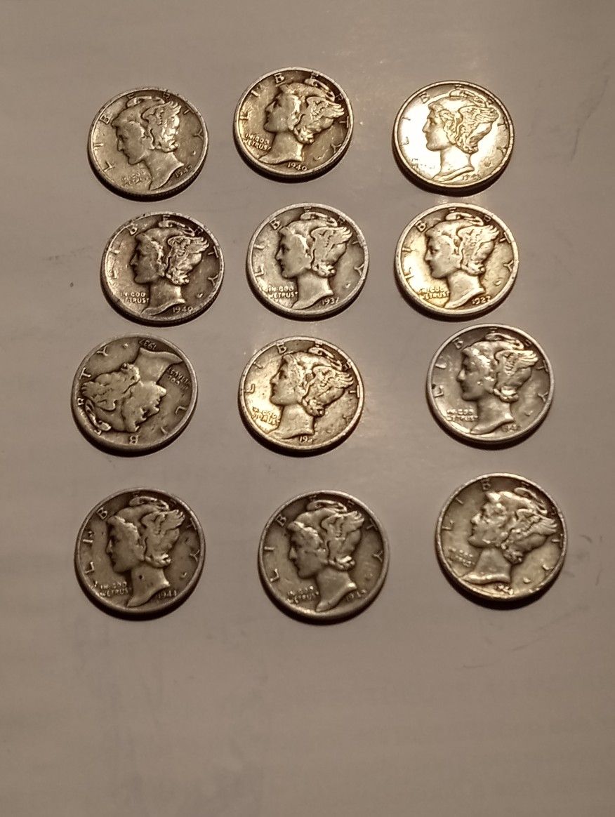 12 Silver Mercury Dimes Mixed Dates 90% Silver