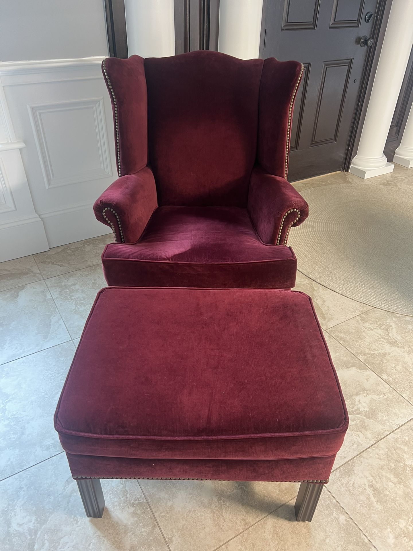 Pottery Barn Thatcher Upholstered Armchair & Ottoman. Polyester Wrapped Cushions, Vintage Velvet Claret.