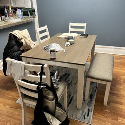 Merax 6-Piece Wooden Rectangular Dining Table Set with 4 Upholstered Chairs and Bench, Whitewash+Brown