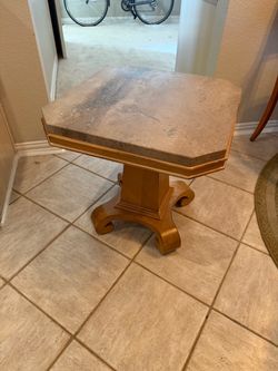 Wood Pedestal End Table with Stone Top