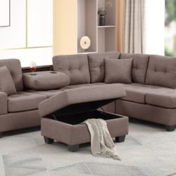 3pcs Sectional Sofa w/storage ottoman & Drop Down Cupholder