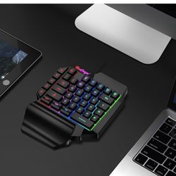 One Hand RGB Gaming Keyboard,USB Wired Rainbow Letters Glow Single Hand Keyboard with Wrist Rest Support Multimedia Keys