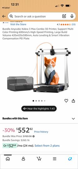 Bundle Anycubic Kobra 3 Max Combo 3D Printer, Support Multi Color Printing 600mm/s High-Speed Printing, Large Build Volume 420x420x500mm, Auto Levelin