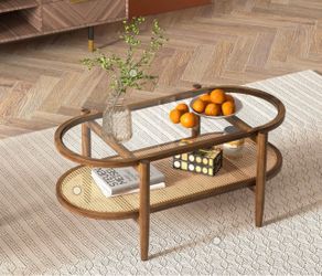 Costway 2-Tier Coffee Table Tempered Glass Top with PE Rattan Shelf & Acacia Wood Frame Brown