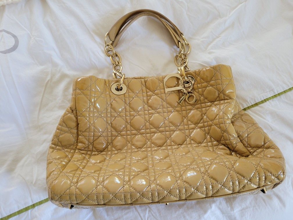 Authentic CHRISTIAN DIOR Beige Cannage Quilted Leather Large Soft Tote Bag