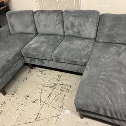 Brand New Grey Corduroy Sectional Sofa with 2 Chaises for Sale.