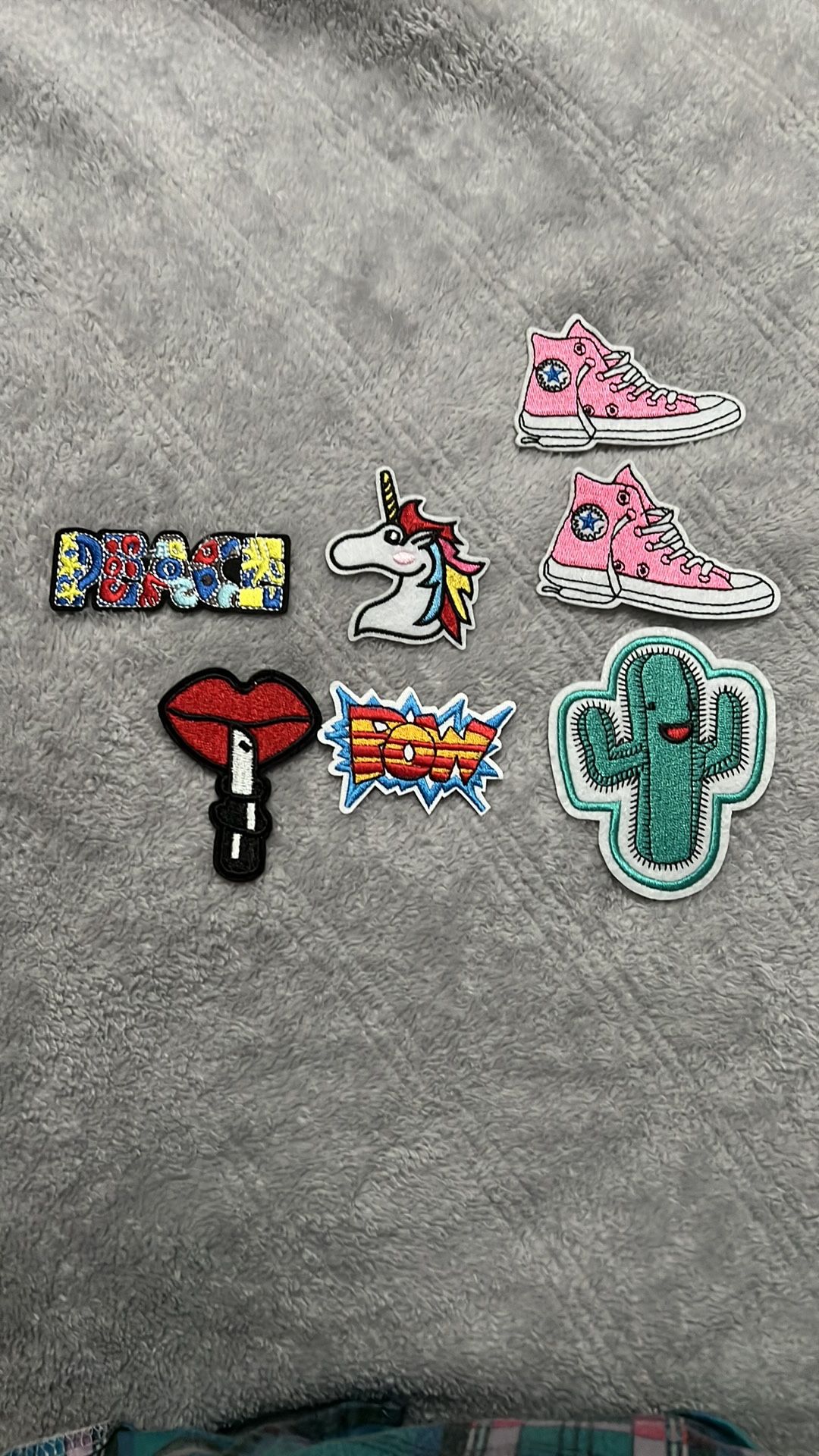 7 iron on patches:pink sneakers,cactus,unicorn,pow,red lips with lipstick,peace