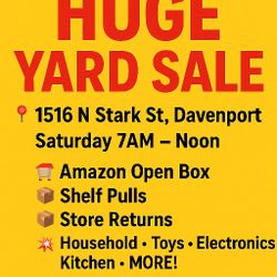 🚨 ONE DAY ONLY! 🚨
🔥 HUGE YARD SALE 🔥

📍 1516 N Stark St, Davenport
🕖 Saturday 7AM – Noon