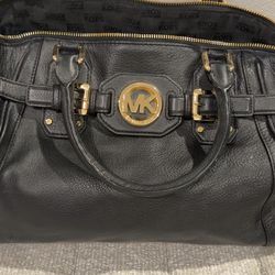 Michael Kors Black Leather Satchel with Gold MK Emblem