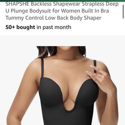 Backless Shapewear Strapless Deep U Plunge Bodysuit for Women Built In Bra Tummy Control Low Back Body Shaper