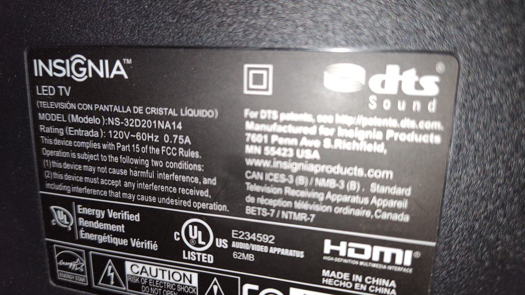 Insignia  HD TV, 720 Native, 1080 Scaled, 2X HDMI, 1 USB