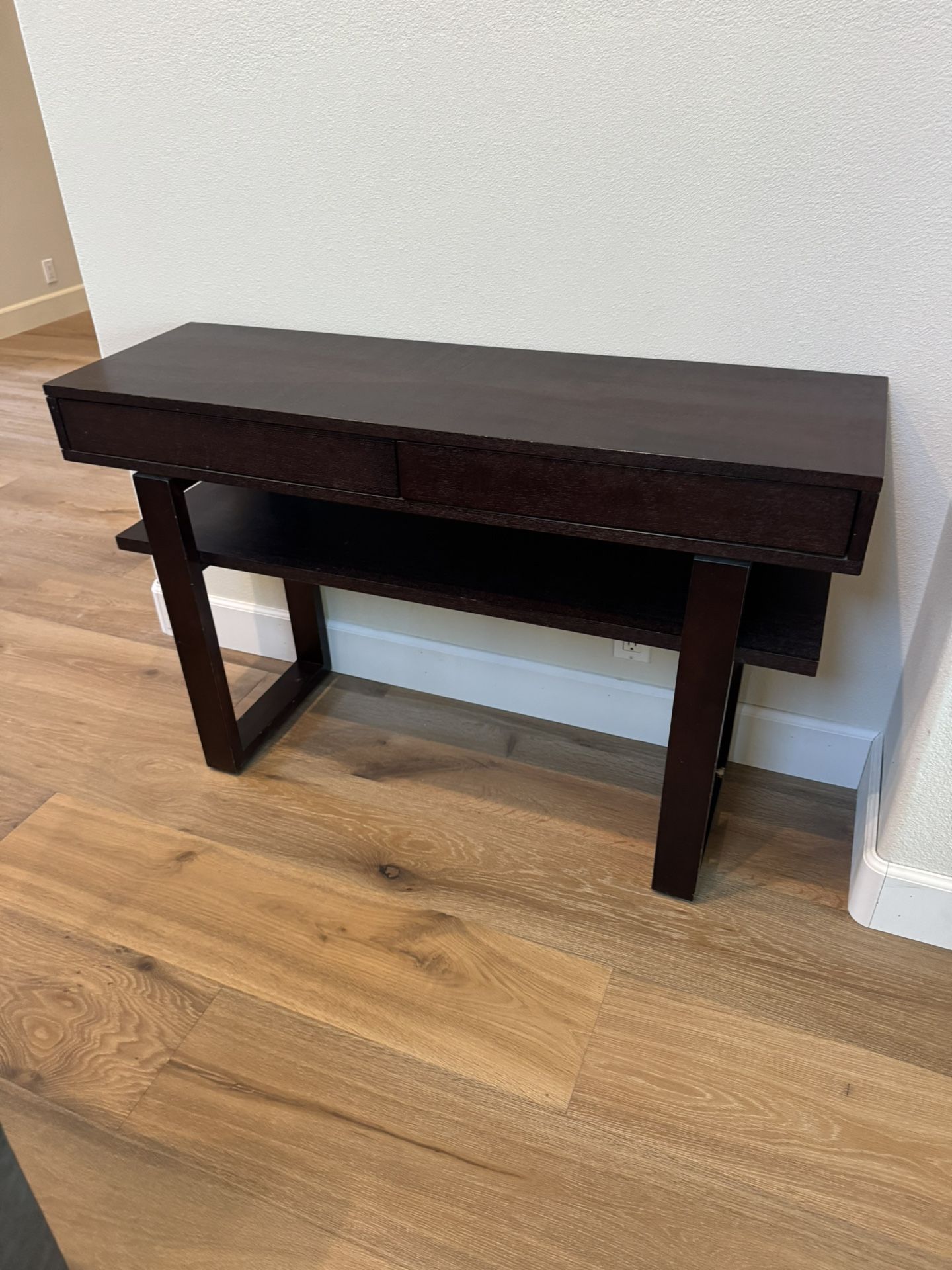 Wood console table with swivel drawers