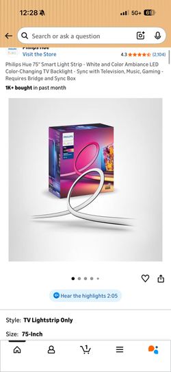 Philips Hue 75" Smart Light Strip - White and Color Ambiance LED Color-Changing TV Backlight - Sync with Television, Music, Gaming - Requires Bridge a