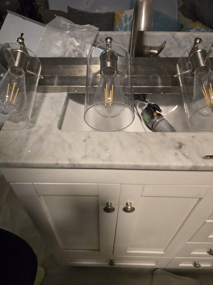 White Vanity With Chrome Vanity Lights 