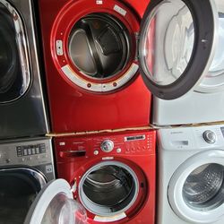 LG Front Load Washer And Stackable Gas Dryer Set In RED