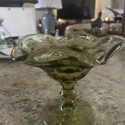 Vintage Imperial Glass Green Footed Candy/Nut Dish Compote with Ruffled Rim 