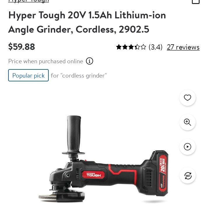 Hyper Tough 20V 1.5Ah Lithium-ion Angle Grinder, Cordless, Battery  Powered,2902.5 