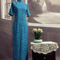 New Chinese Qipao Dress Cheongsam Handmade Button Blue Mermaid Shell Pattern Sz L   Length 52 “  B/W/H 40”/34”/43”