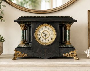 Antique Late 1800’s Original Clock Mantle NO KEY UNTESTED sold As Is Collectible Table Decor Faux Marble Ornate Vintage French
