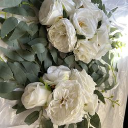 White Wedding Sign of Arch Flower Arrangement with eucalyptus, White Artificial Roses and Peonies 