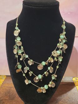 Pale Green Cateye Glass Beads Silvertone Coin Accents 3 Tier Necklace 16"+3" Extender F9