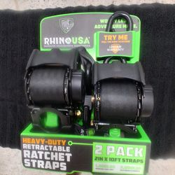 NEW IN THE PACKAGE, "RHINO USA" 2" × 10' RATCHET, & RETRACTABLE TIE DOWN STRAPS, LOOKING FOR A HEAVY DUTY GREAT QUALITY STRAP AT A GREAT PRICE??? LOOK
