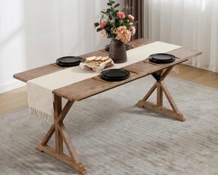 69" Vintage Wood Dining Table for 4 to 8, Antique Rustic Solid Pine Farm Dining Room Table with Heavy Duty Legs&Metal Support, Large Wood Rectangular 
